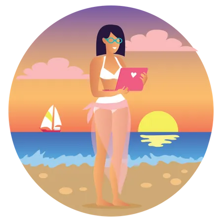 Female freelancer working on vacation  Illustration