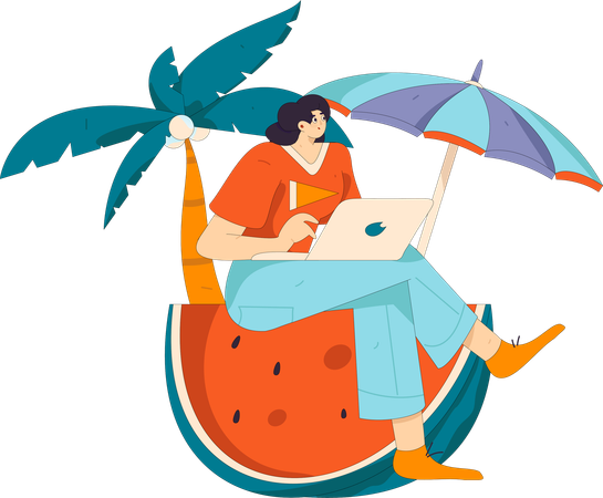 Female freelancer working on vacation  Illustration