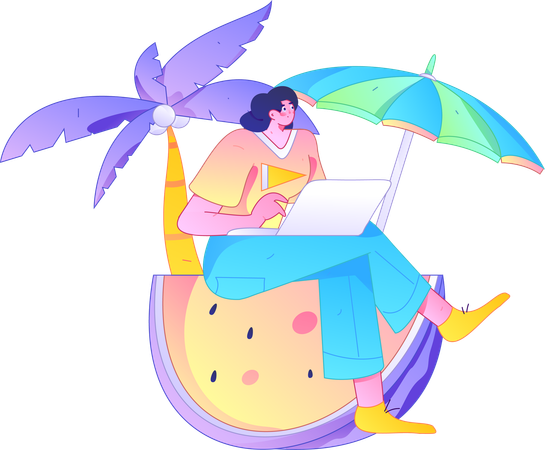 Female freelancer working on vacation  Illustration