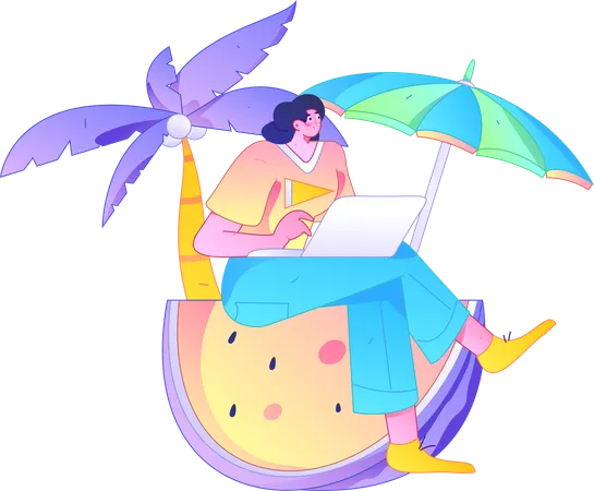 Female freelancer working on vacation  Illustration