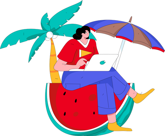 Female freelancer working on vacation  Illustration