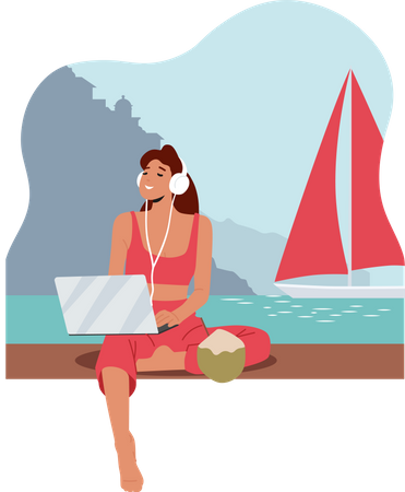 Female Freelancer working on vacation  Illustration