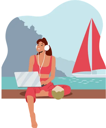 Female Freelancer working on vacation  Illustration