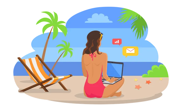 Female freelancer working remotely from beach Illustration