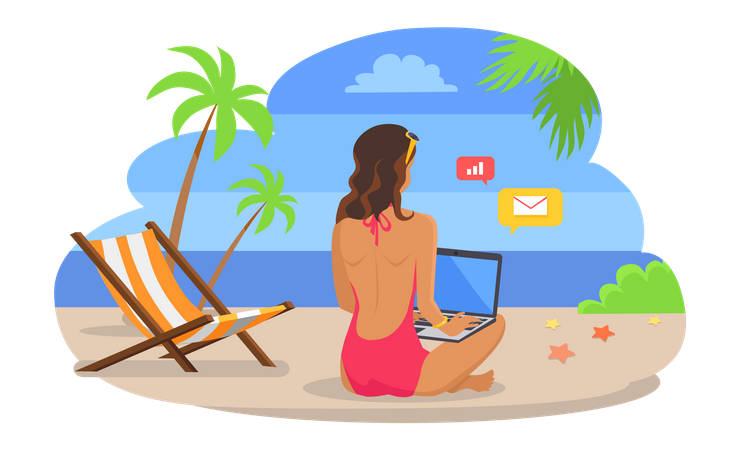 Female freelancer working remotely from beach  Illustration