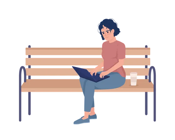 Female Freelancer Working Remotely On Bench Semi Flat Color Vector Character Editable Figure Full Body Person On White Simple Cartoon Style Illustration For Web Graphic Design And Animation Illustration