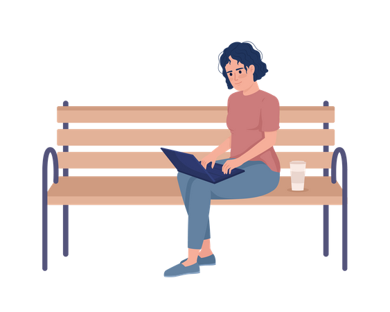 Female freelancer working remotely on bench  Illustration