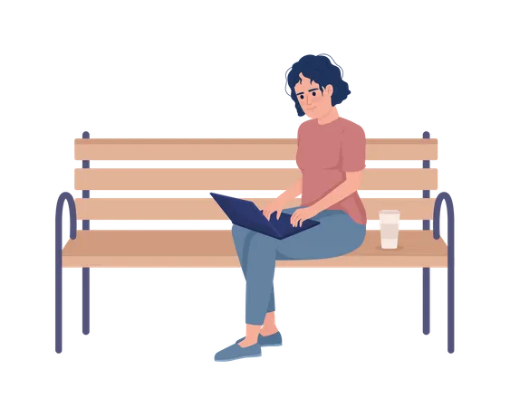 Female freelancer working remotely on bench  Illustration