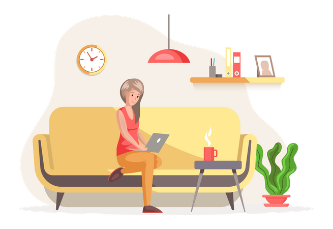 Female freelancer working with laptop at home Illustration