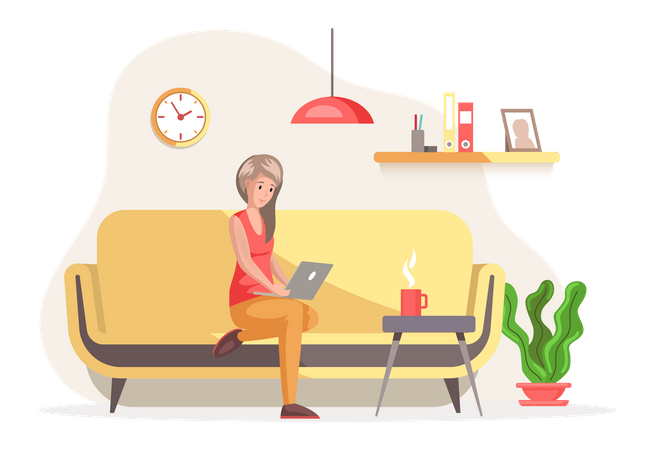 Female freelancer working with laptop at home  Illustration