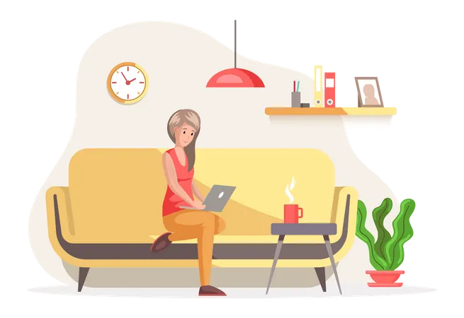 Female freelancer working with laptop at home  Illustration