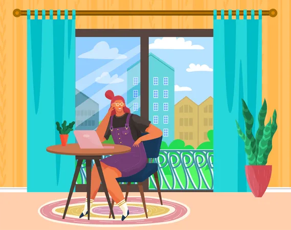 Female freelancer works with computer from home Illustration