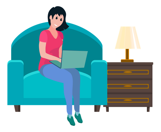 Female freelancer works with computer from home Illustration