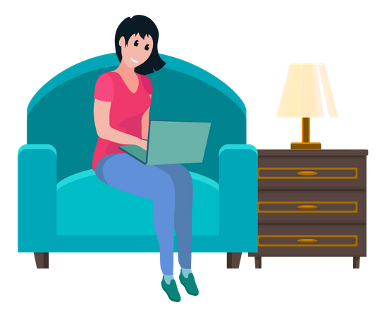 Female freelancer works with computer from home  Illustration