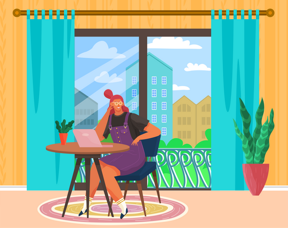 Female freelancer works with computer from home  Illustration