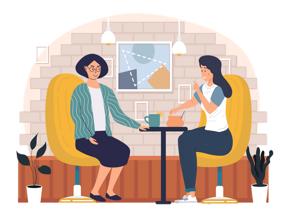 Female friends are sitting in cafe Illustration