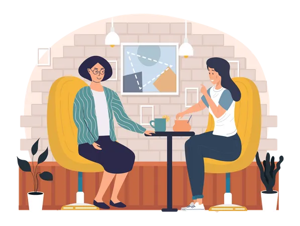 Female friends are sitting in cafe  Illustration