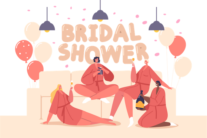 Female Friends Celebrate Bridal Shower Illustration