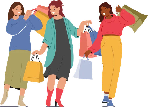 Female Friends Characters Stroll Laughter In The Air Clutching Shopping Bags While Navigate City Stores Cherishing Their Time Spent Together In Joyful Companionship Cartoon Vector Illustration Illustration