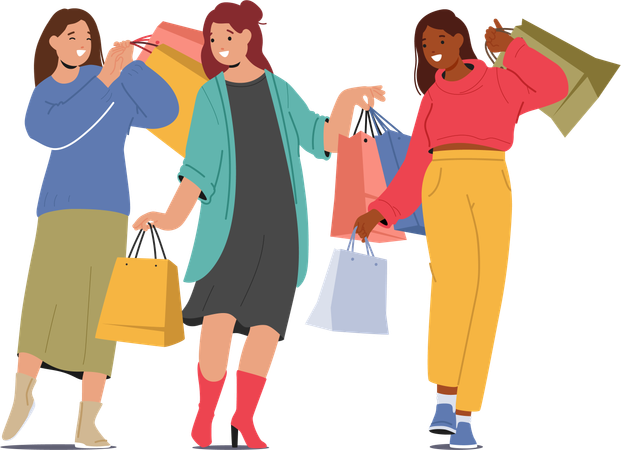 Female Friends Doing Shopping Together  Illustration