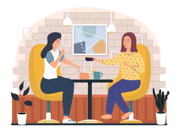 Female friends drinking tea and sitting in cafe  Illustration