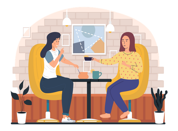 Female friends drinking tea and sitting in cafe  Illustration