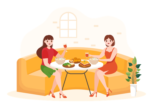 Female friends eating green food in restaurant Illustration