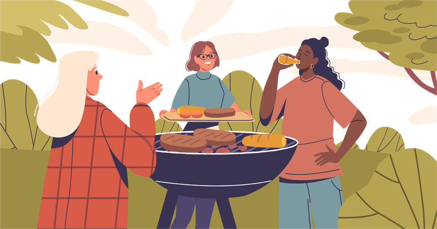 Female friends enjoying bbq party  Illustration