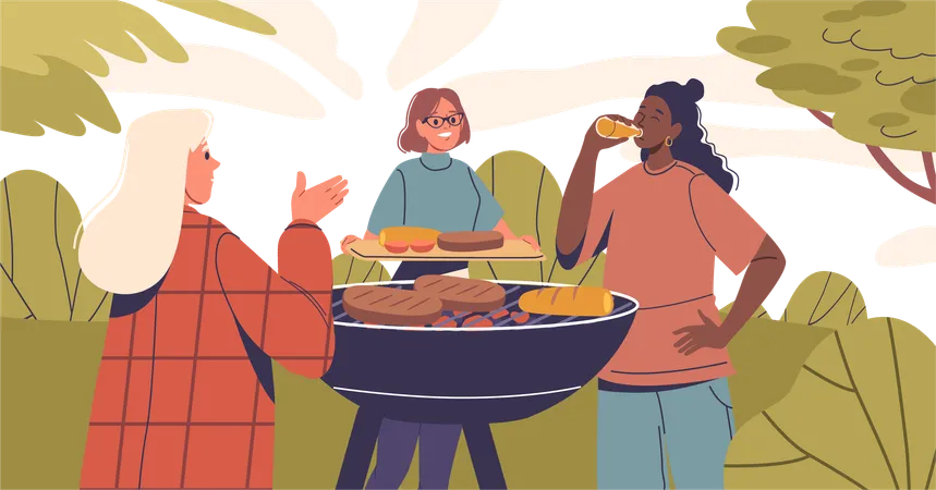 Female friends enjoying bbq party  Illustration