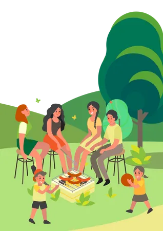 People Spend Time Outdoor On Picnic Set Summer Barbecue With Friends Idea Of Tourism And Travel Vector Illustration In Cartoon Style Illustration