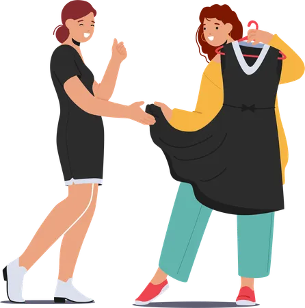 Female Friends Joyfully Explore Fashion Trying On Dresses Sharing Laughter During A Delightful Shopping Spree Strengthening Their Bond Through Shared Moments Of Style And Friendship Vector Scene Illustration