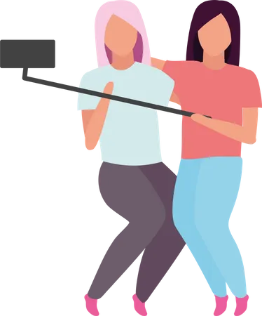 Female friends making photo with selfie stick Illustration