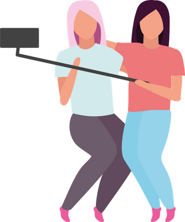 Female friends making photo with selfie stick  Illustration