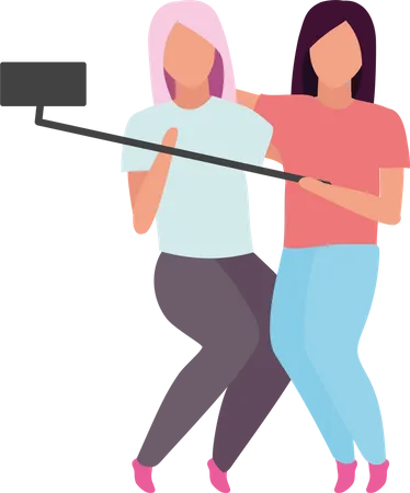 Female friends making photo with selfie stick  Illustration