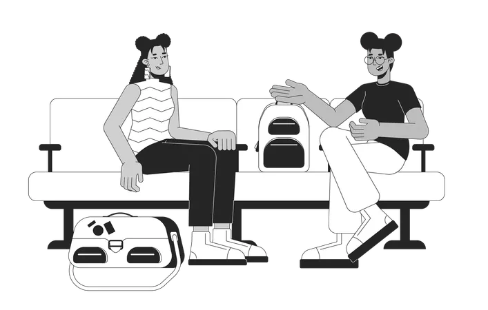 Wait Passengers Women Friends Black And White 2 D Line Cartoon Characters Travelers Airport Terminal Seats Isolated Vector Outline People Talking In Area Waiting Monochromatic Flat Spot Illustration Illustration