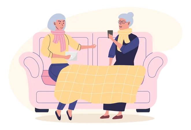 Female friends sitting on couch with smartphone and tablet Illustration