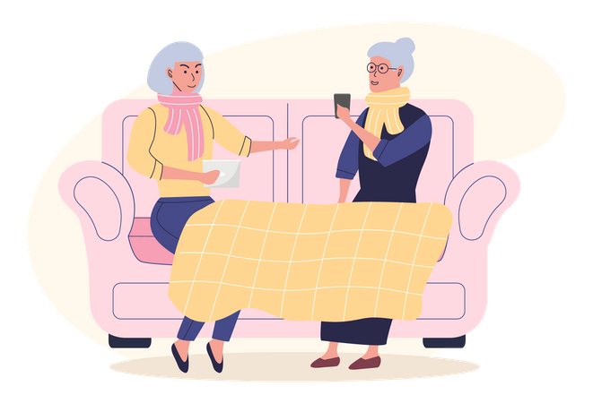 Female friends sitting on couch with smartphone and tablet  Illustration