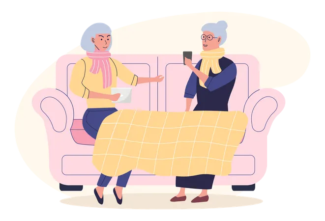 Female friends sitting on couch with smartphone and tablet  Illustration