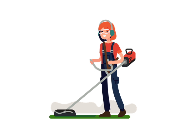 Female garden worker trimming with grass trimmer  Illustration