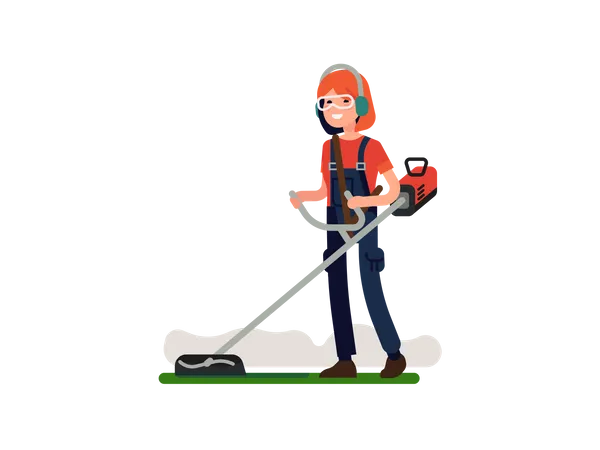 Female garden worker trimming with grass trimmer  Illustration