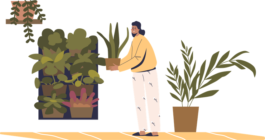 Female gardener caring for plants in pot  Illustration