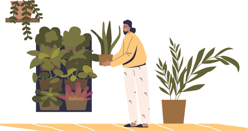 Female gardener caring for plants in pot Illustration