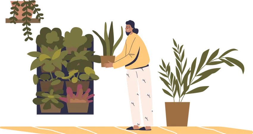 Female gardener caring for plants in pot  Illustration