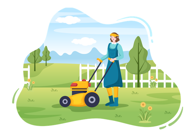 Female gardener Cutting Green Grass  Illustration