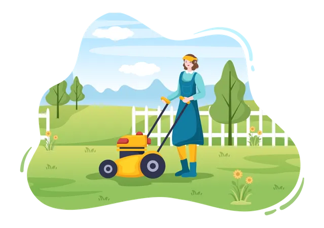 Female gardener Cutting Green Grass  Illustration