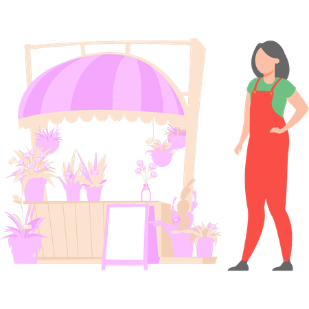Female gardener looks at a plant shop  Illustration