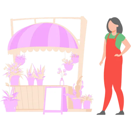 Female gardener looks at a plant shop  Illustration