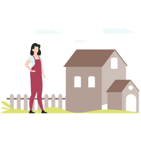 Female Gardener Standing Near A House Illustration