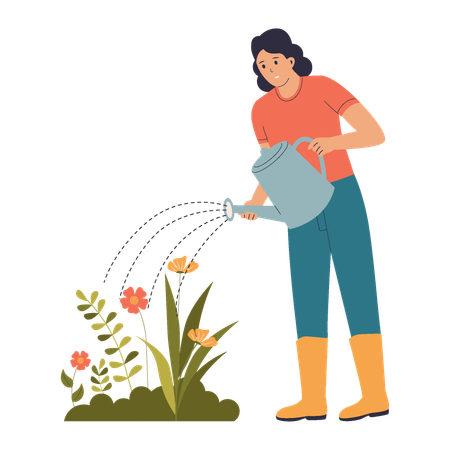 Female Gardener Watering Flowers  Illustration