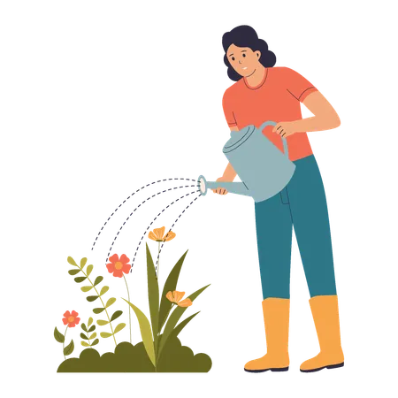 Female Gardener Watering Flowers  Illustration